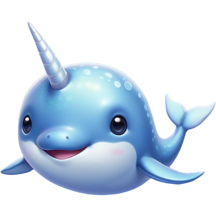Cinematic Cute Cute Narwhal Portrait Emoji, Head tilted playfully and inquisitively, featuring a charming, sleek body with softly iridescent skin, a prominently spiraled tusk and large, twinkling eyes full of gentle wonder, Simplified yet irresistibly adorable features, highly detailed, glowing with a warm, inviting ocean glow, high shine, affectionate and lively, stylized with a touch of magical sea whimsy, soft glowing outline, capturing the essence of a mischievous yet endearing cute narwhal that seems as if it could frolic out of the screen into your heart! emoji
