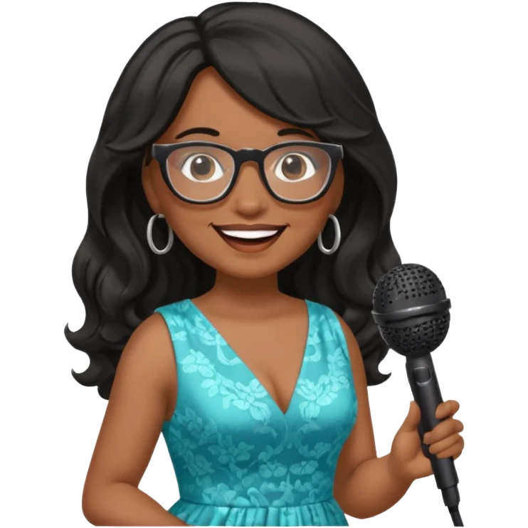 singer, Middle age, long wavy black hair, brown skin, wearing dress, holding mic, glasses emoji