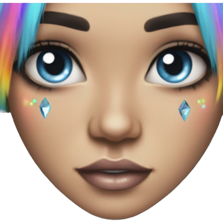 Pretty Girl with tattoos, long eyelashes, winged eyeliner, crystal blue eyes, long black hair with rainbow fringe emoji