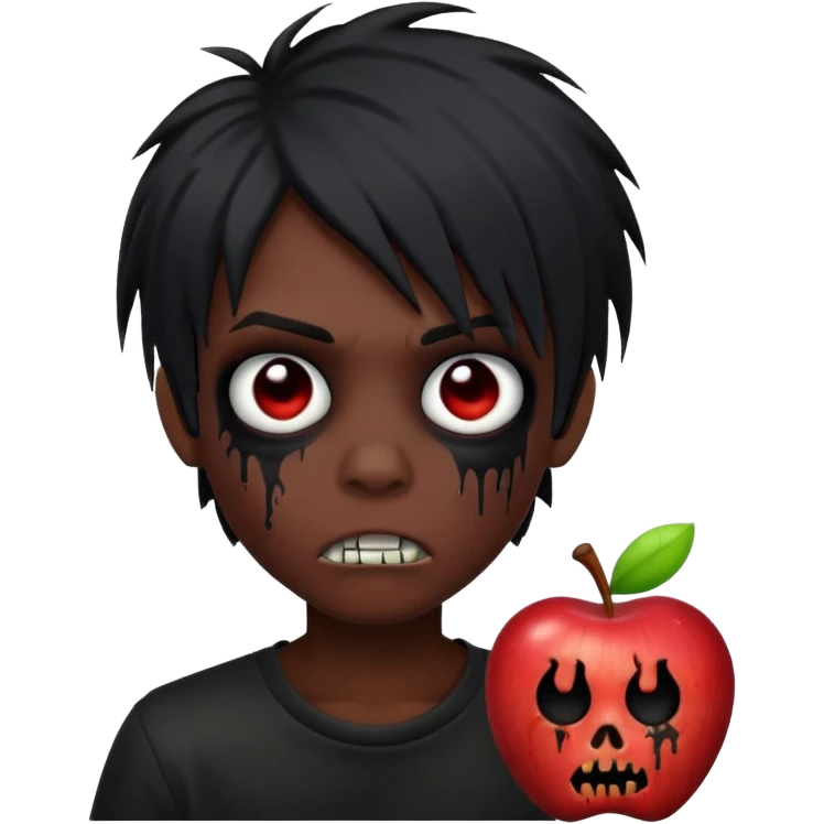 human boy zombie, black long emo hair, scary, black eyes, dark skin, Apple emoji style emoji