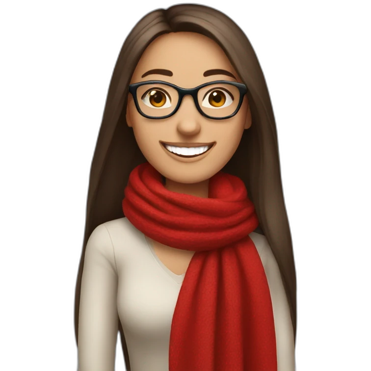 brunette young lady with long straight hair wearing a red scarf and glasses, laughing emoji