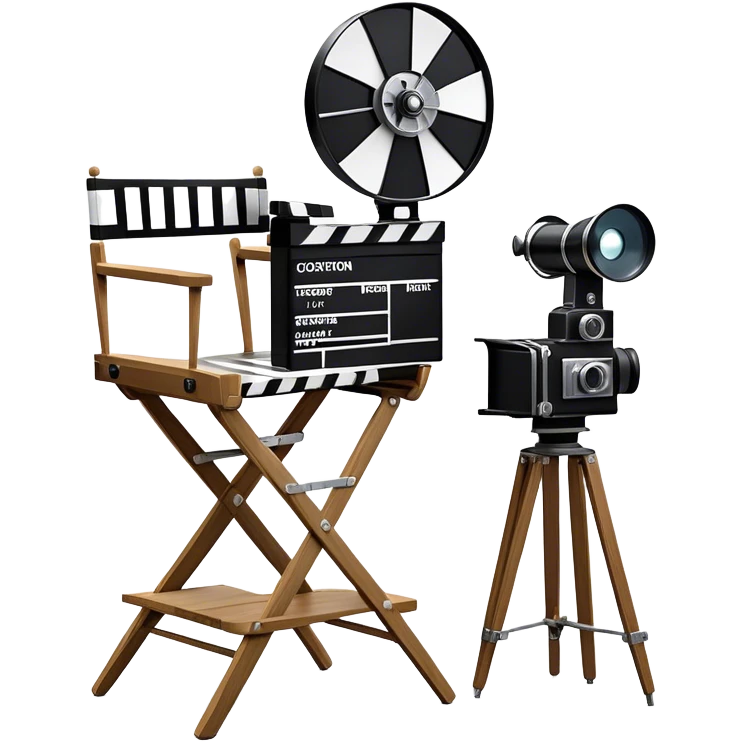 Icon for Directing: a director's chair, a film clapperboard, large movie camera and a stage with a spotlight. The icon should represent the creative and organizational aspects of directing, with focus on storytelling, staging, and performance. Transparent background. emoji