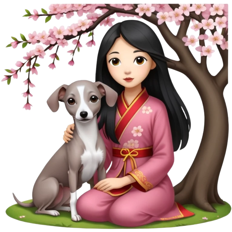 A young Chinese girl with long black hair and a dark grey Italian Greyhound with absolutely no white marks on its body or nose sitting under a cherry blossom tree emoji