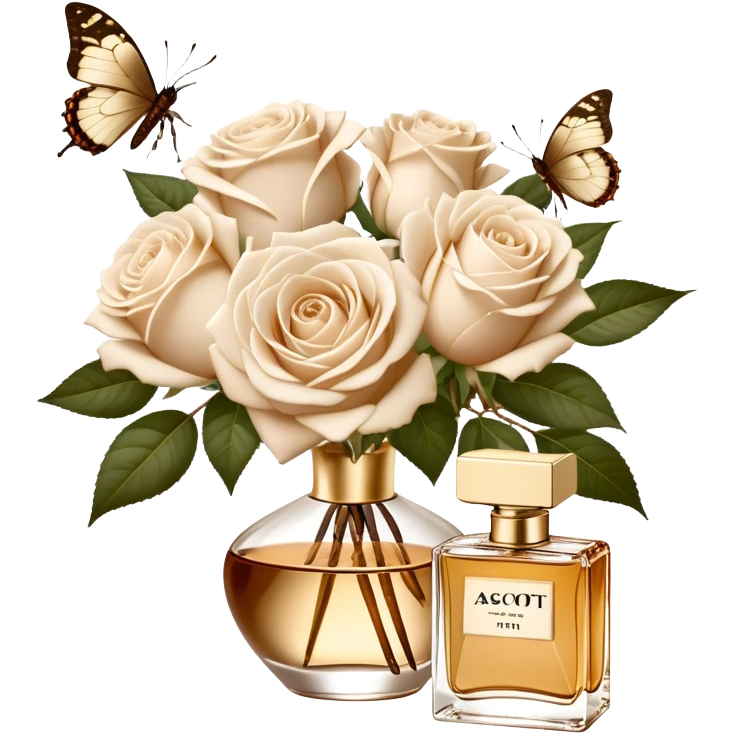 A bouquet of white Ascott tea roses next to a beige aesthetic and a brown beautiful butterfly and a gold silk ribbon and a beautiful flacon of aesthetically pleasing vintage-style perfume in pearl color emoji