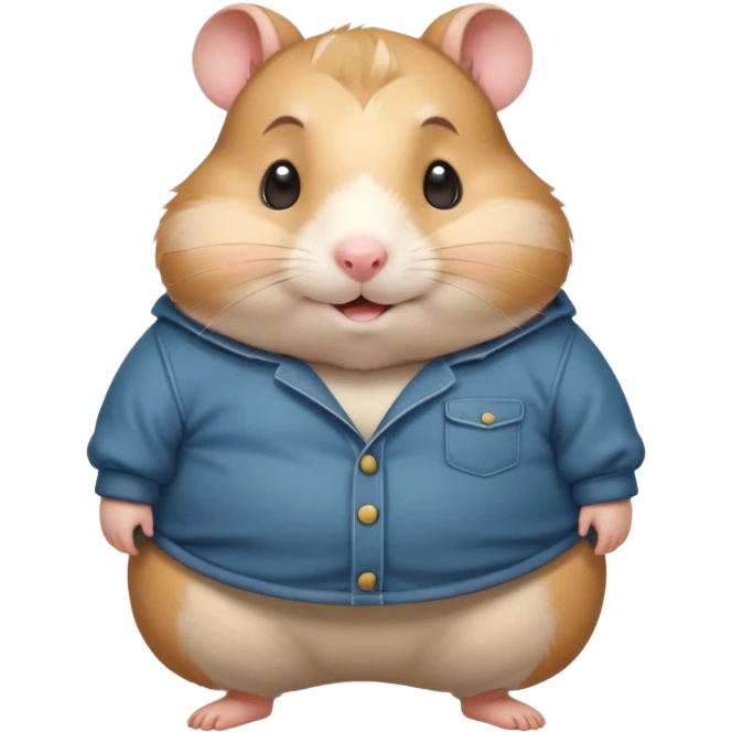 Cute chubby cartoon-style hamster wearing oversized pants that look too big, proud and smiling expression. Painterly shading, white background, sticker-style illustration emoji