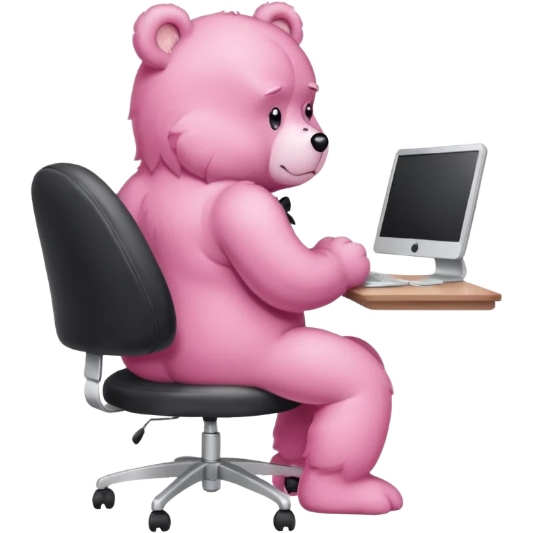 Pink Care bear sad in suit back view, sit on a chair, working on a computer, with a big desk emoji