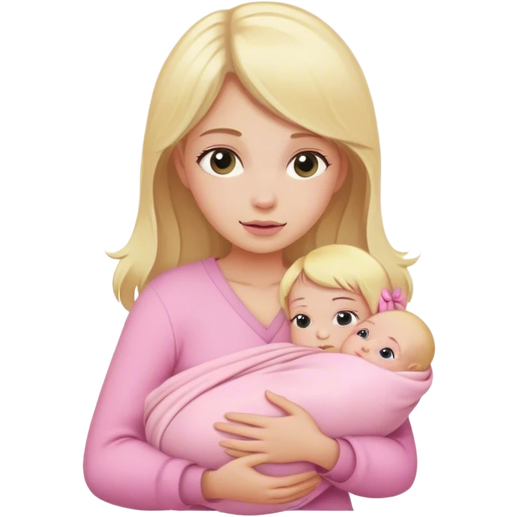 Blonde girl holding a new born baby while the baby is wrapped in pink. emoji