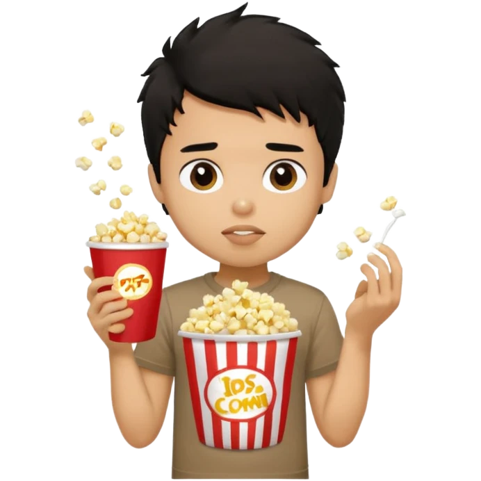 generate a pretty tan bratz boy with a brown tshirt on. eating popcorn. messy black hair emoji