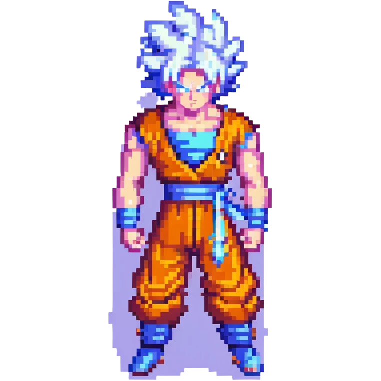 Goku transforming into Ultra Instinct, glowing aura, silver hair, action scene, pixel art style emoji