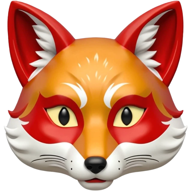 a japanese kitsune fox mask, smooth matte plastic surface, soft gradient lighting, white base with red and gold face markings, small triangular fox ears, calm and mysterious expression emoji