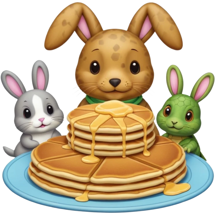 Seal, dog, bunny, turtle all eating pancakes in 1 image together emoji