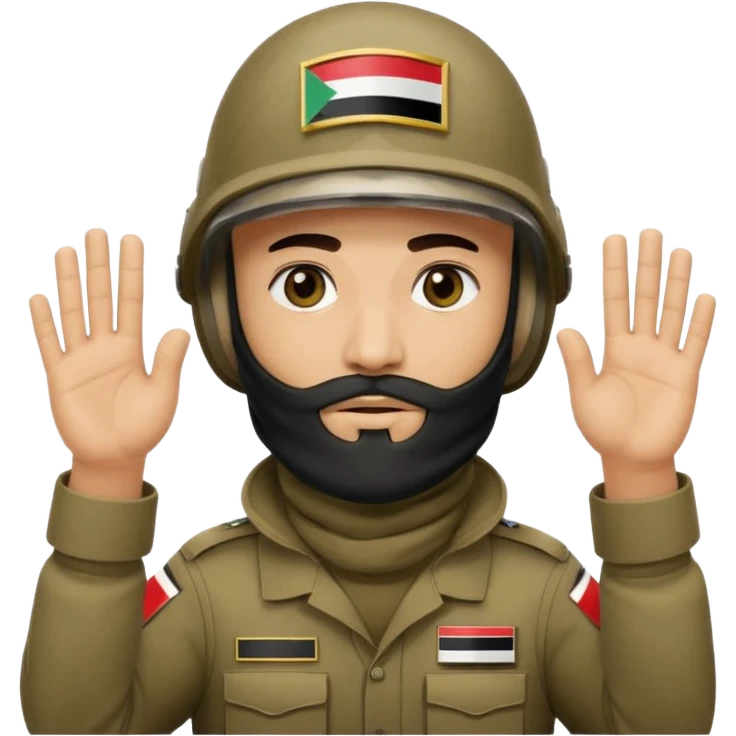 surrenders, depicts an Iraqi soldier from 1980, with a beard, in a helmet, a helmet with sign flag Iraq, with a balaclava, with sad eyes and both hands raised up emoji
