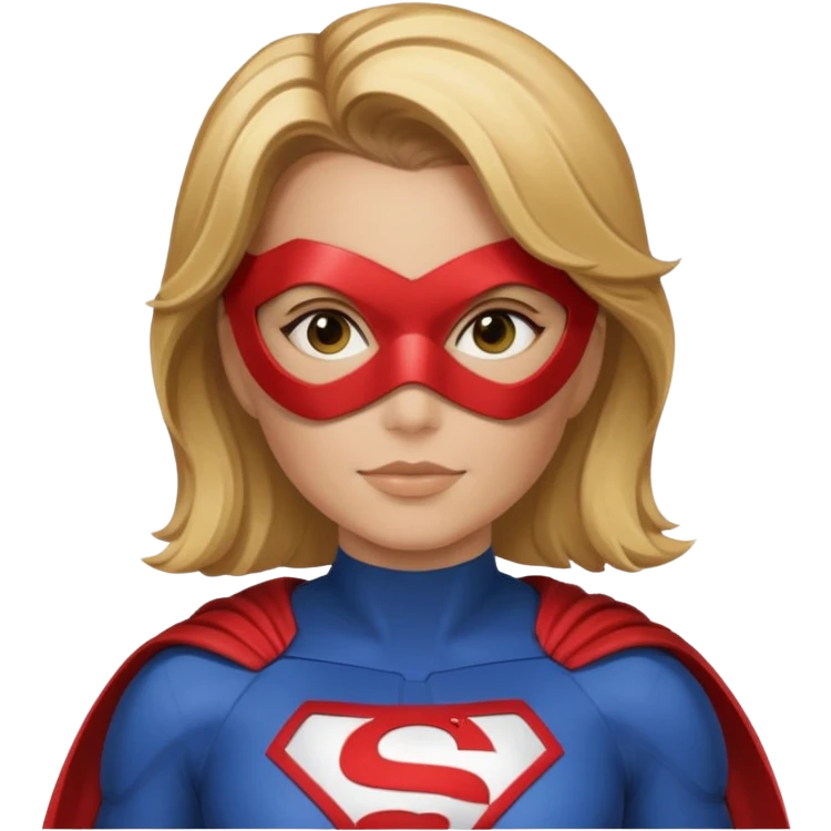 Mujer súper heroína tipo la de WhatsApp. Pelo marrón claro y mechas rubias por los hombros. Con antifaz y traje de héroe, que se vea solo hasta los hombros y logo MJ en el traje. Como la de WhatsApp  emoji