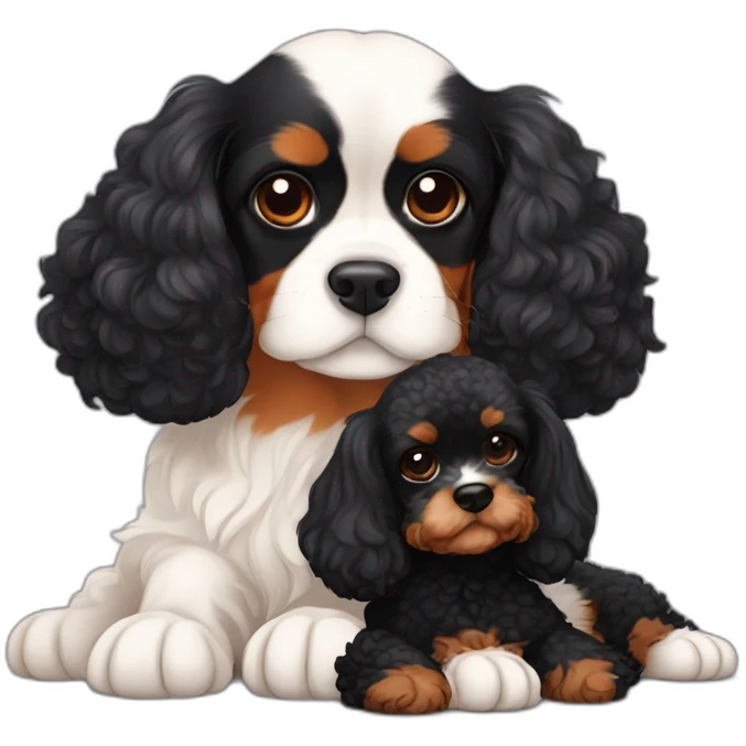 orange and white cavalier king charles spaniel and black poodle cuddle each other  emoji