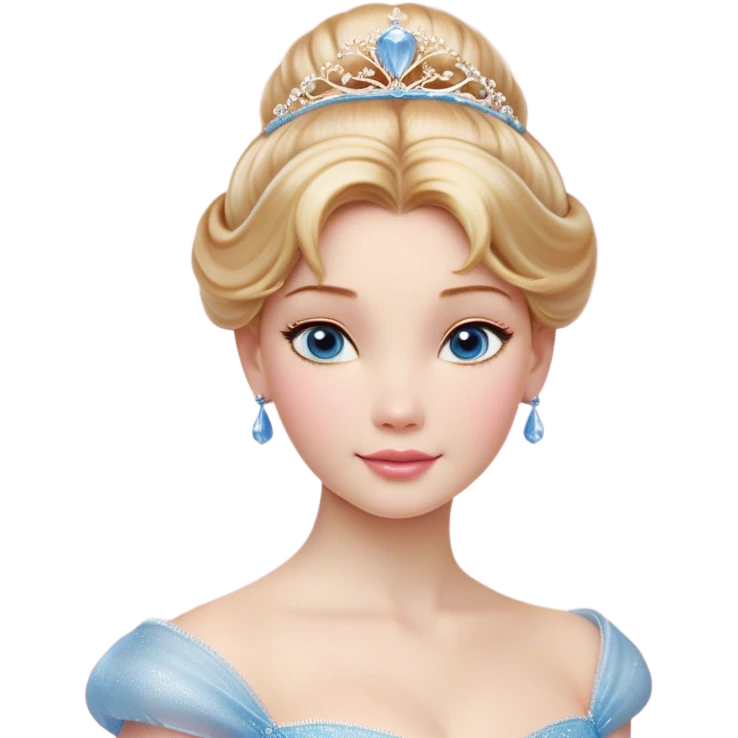 Cinematic Realistic Cinderella Portrait, depicted with lifelike skin texture, subtle rosy undertones, and soft natural lighting that enhances the gentle contours of her face. Her intricately detailed golden blonde hair is elegantly styled in an updo, with delicate wisps framing her face for added realism. Her deep, expressive blue eyes radiate warmth and sincerity, reflecting a quiet resilience and grace. She is dressed in her iconic ball gown, the fabric shimmering with intricate embroidery and fine translucent layers that catch the light beautifully. The soft sheen of satin gloves and the delicate sparkle of a glass-like slipper peeking from beneath her dress add a touch of magical realism. The portrait features an enchanting glow with a natural, luminous finish, seamlessly blending realism and fairytale charm to evoke a sense of depth, elegance, and timeless beauty. emoji