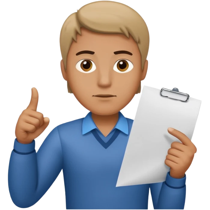 A man stands with a serious face and points his finger at his hand holding papers emoji