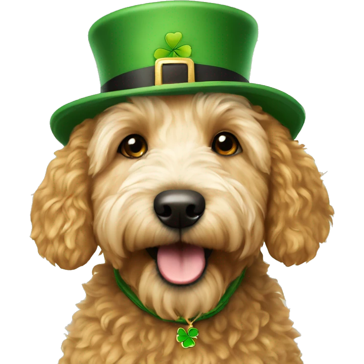 Mini golden doodle wearing Irish hat  emoji