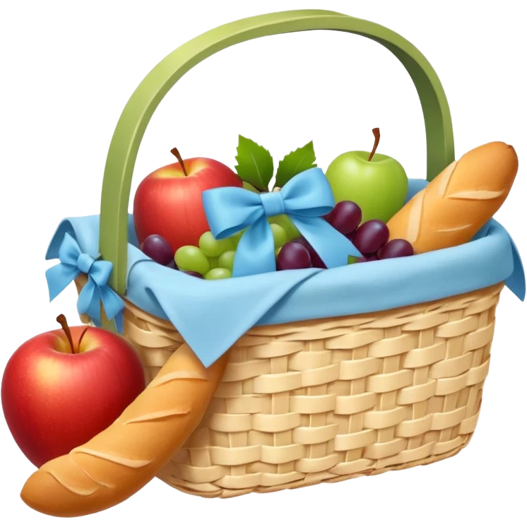A pure white Picnic basket with pastel blue bow，contained baguettes and fruit, emoji