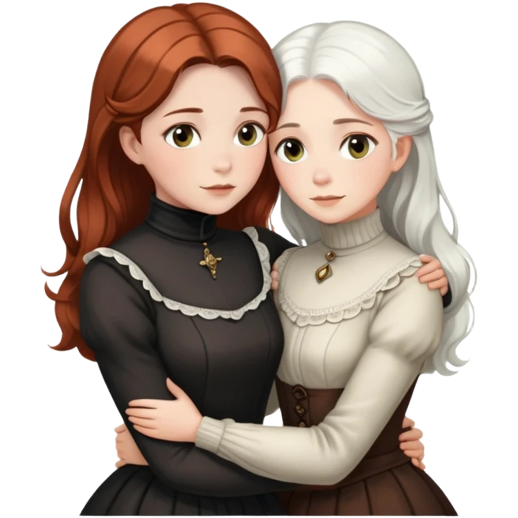 Two Victorian women with light eyes, one with white hair and one with dark copper hair, wearing Victorian turtleneck dresses, hugging each other closely emoji