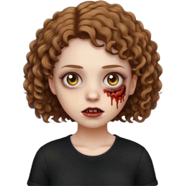 Zombie girl emoji com cabelo curto cacheado castanho com uma blusa preta emoji