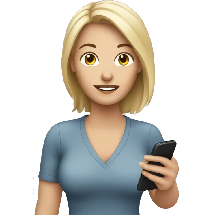 white woman holding phone to viewer. emoji