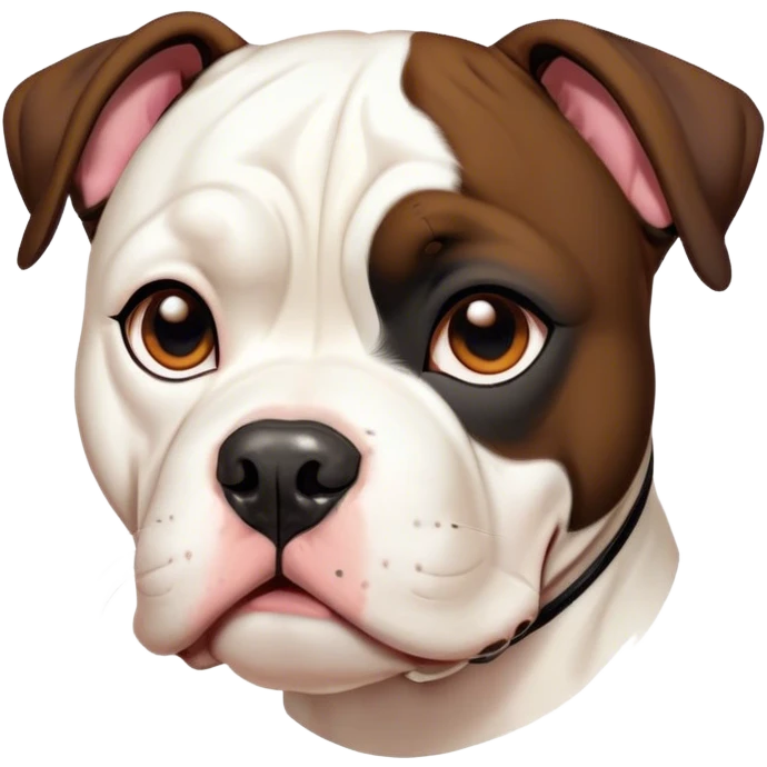 Cinematic Cute Black and White American Bulldog Portrait Emoji, Head tilted playfully and inquisitively, smooth fur with a bold black and white pattern, round, sparkling brown eyes filled with curiosity, Simplified yet irresistibly adorable features, highly detailed, glowing with a warm, friendly glow, high shine, affectionate and lively, stylized with a touch of whimsy, bright and endearing, soft glowing outline, capturing the essence of a mischievous yet loving pup, so playful it feels like it could bound out of the screen and into your arms! emoji