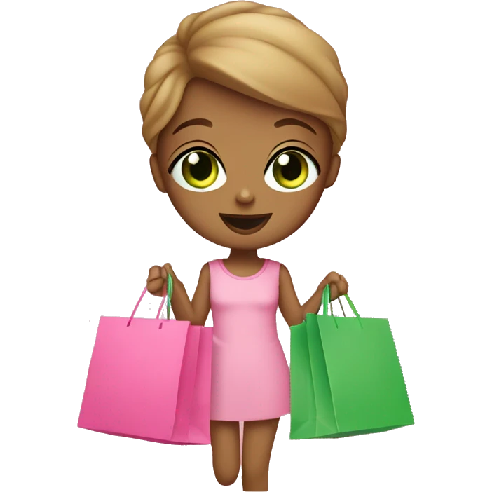 cute light brown with green eyes wearing pink surrounded by pink shopping bags emoji