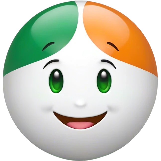 "A 2D-rendered, glossy, spherical emoji with a cheerful smiling face. The sphere is painted with the colors of the Indian flag—saffron on top, white in the middle, and green at the bottom. The emoji has large, shiny green eyes with black pupils, reflecting light for a cute and friendly expression. The background is plain white, making the vibrant colors and glossy texture of the sphere stand out. The overall style is smooth and cartoon-like, with a polished and modern look." emoji