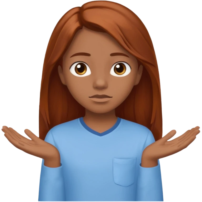 shrugging emoji brown eyed tween long auburn hair light blue shirt with a darker blue L emoji