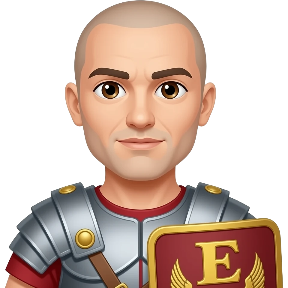 Athletic Roman soldier bald with brown eyes the Letter E on the shield emoji