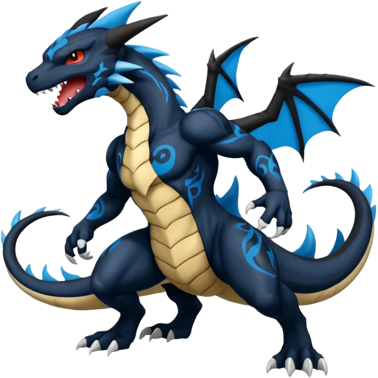 Black and Blue Venom-Charizard-Zekrom-Salandit-Sneasel-fusion, full body, tribal markings  emoji