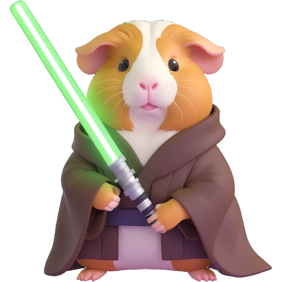 guinea pig in Jedi robes, wielding a green lightsaber, looking determined emoji