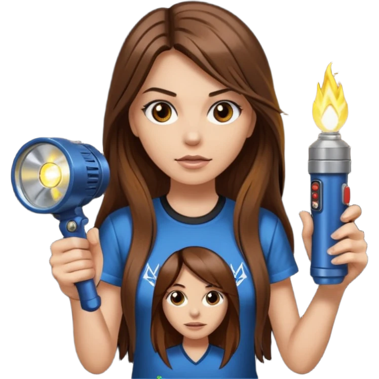 a female with long straight brown hair and brown eyes wearing a iron maiden shirt holding a flashlight  emoji