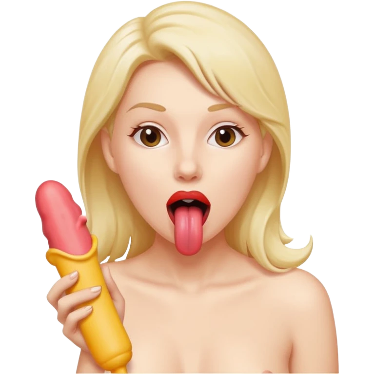 una donna nuda con la lingua fuori che lecca un cazzo di gomma che è sborrato emoji