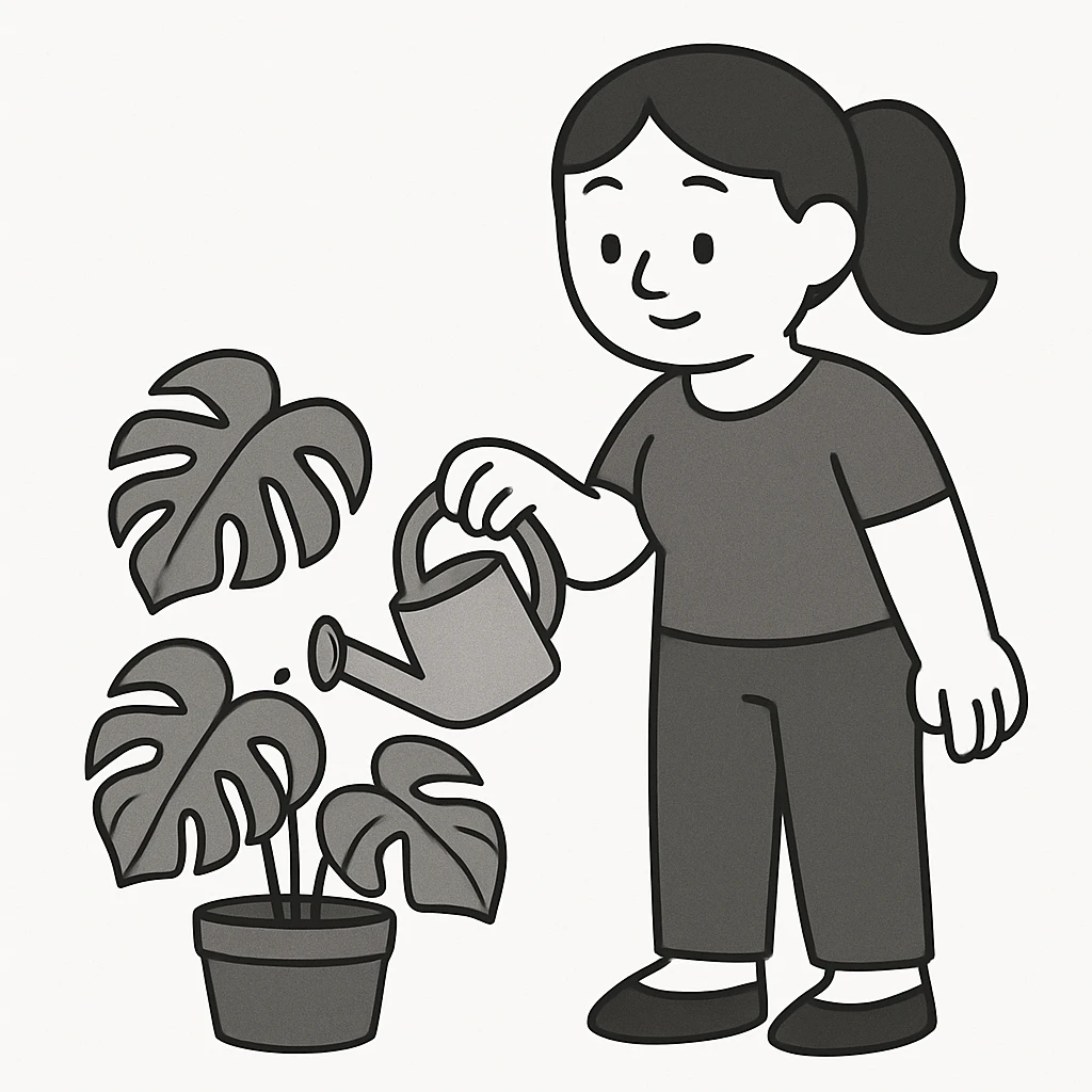 woman watering her monstera plant emoji
