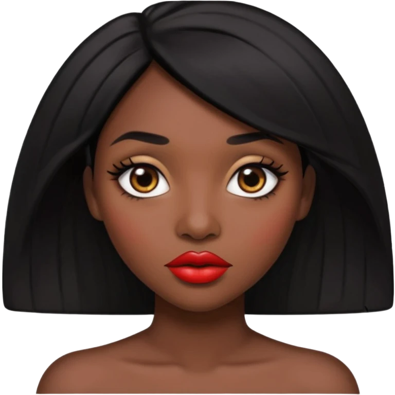 Dark skin woman with black hair, big lips m, dark brown eye, octagon face shape and chinky eyes no red lipstick  emoji