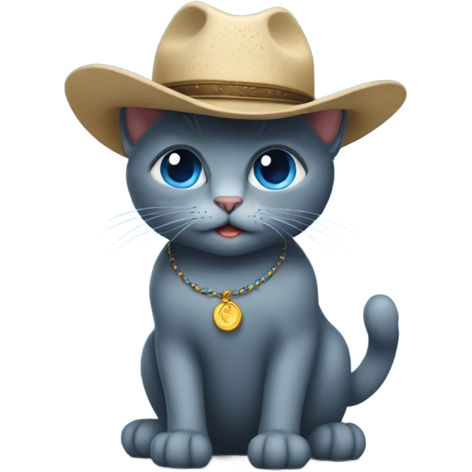 Blue Russian cat wearing a Stetson hat emoji