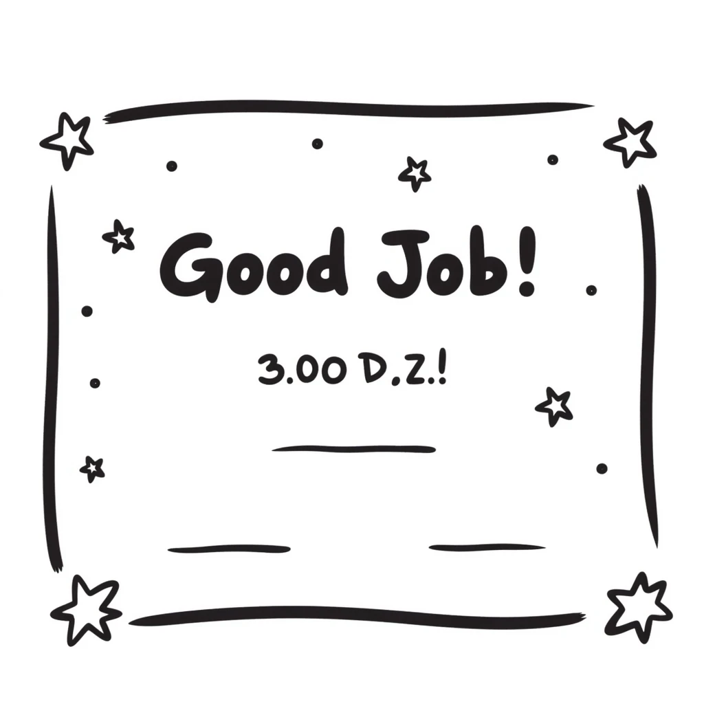 Certificate with decorative border, "Good Job!" text in the center, and stars scattered around the edges emoji