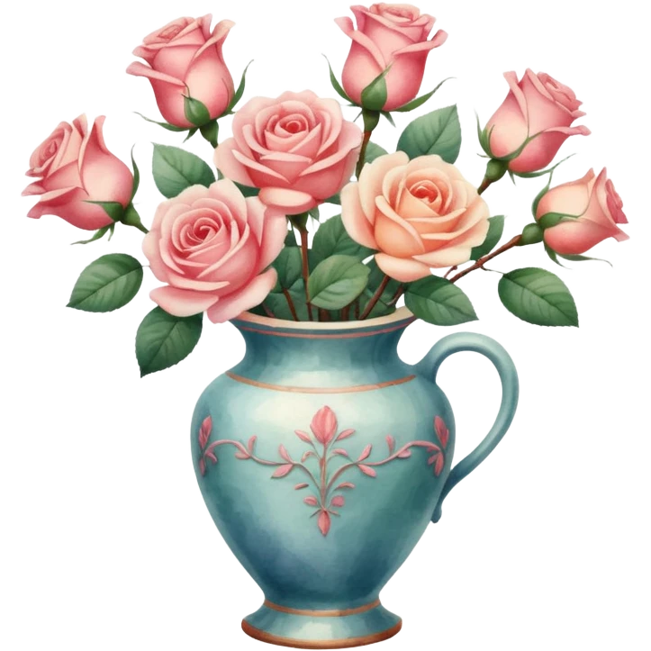 watercolor illustration of roses in a vintage vase, with light brush strokes emoji