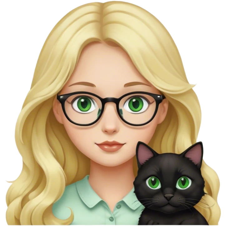 Blonde girl with glasses and long wavy hair holding a black cat with green eyes  emoji