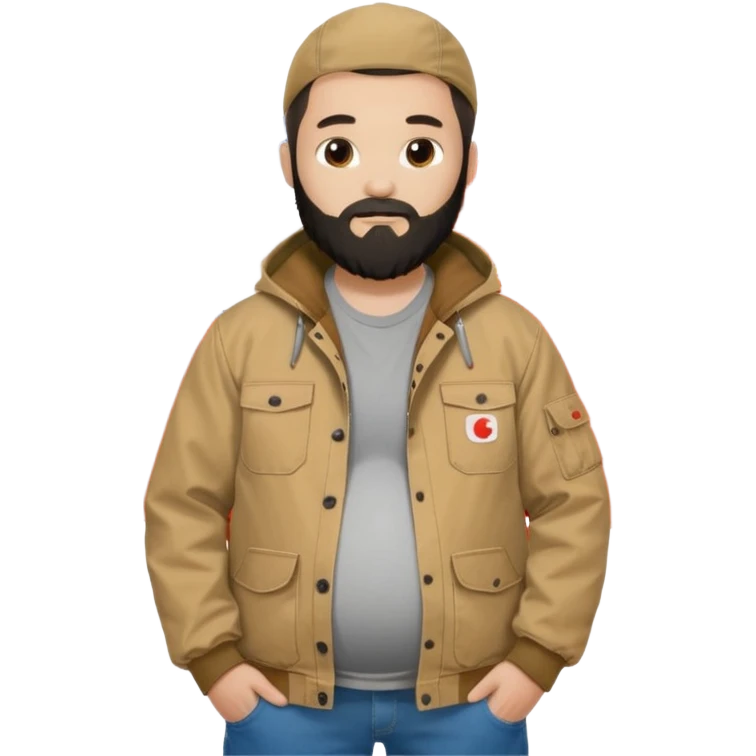 Bearded man with pregnant belly poking out of shirt wearing a tan canvas carhartt jacket next to chinese flag emoji