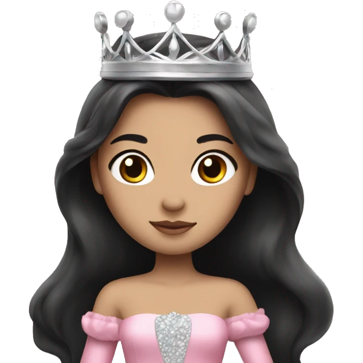 princess with black long hair, pink gown, silver crown, white skin emoji