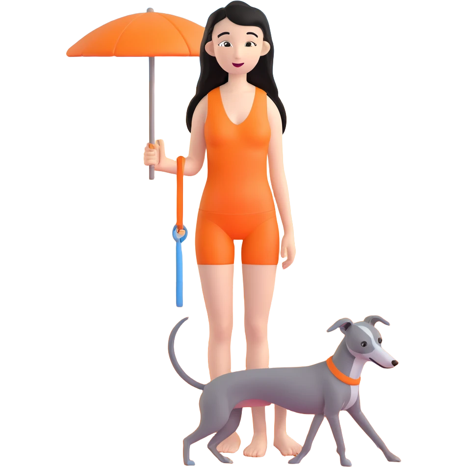 Slim Chinese woman with long black hair in appropriate beach attire at the beach with her completely solid grey Italian greyhound, ocean and sand visible, the dog has absolutely no white markings anywhere emoji