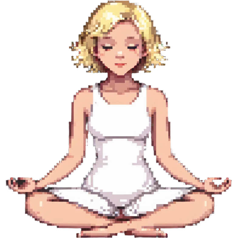 a blonde girl with a short haircut in a white dress sitting in a lotus position and meditating emoji