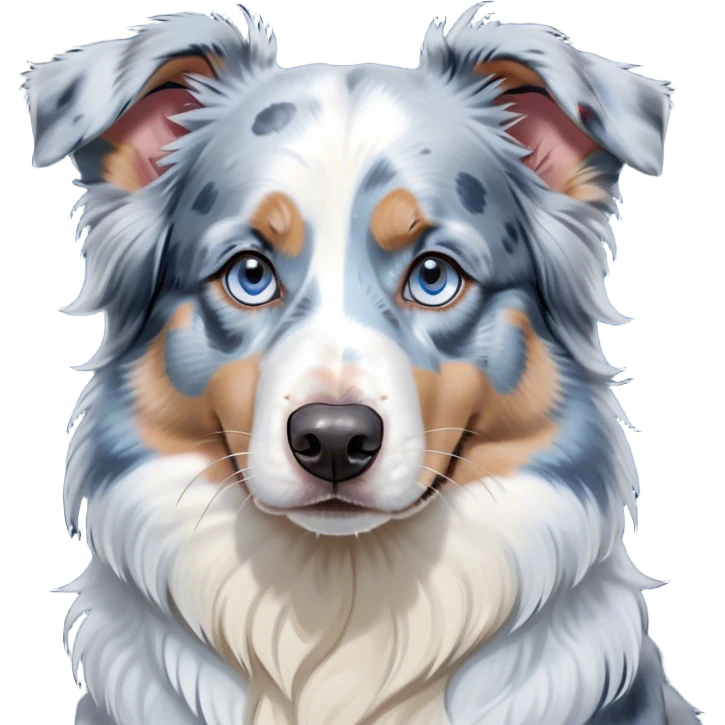 Cinematic Grumpy Blue Merle and White Australian Shepherd Portrait Emoji, Head tilted slightly with a deeply unimpressed expression, thick blue merle fur with crisp white markings, large, droopy blue eyes narrowed into an unamused glare, ears slightly drooping in exasperation, Simplified yet comically expressive features, highly detailed, glowing with a dry, sarcastic glow, high shine, effortlessly judgmental yet dignified, stylized with a touch of cynicism, bright but brooding, soft glowing outline, capturing the essence of an eternally unimpressed yet endearing pup, so lifelike it feels like it could sigh heavily at you in disdain at any moment! emoji