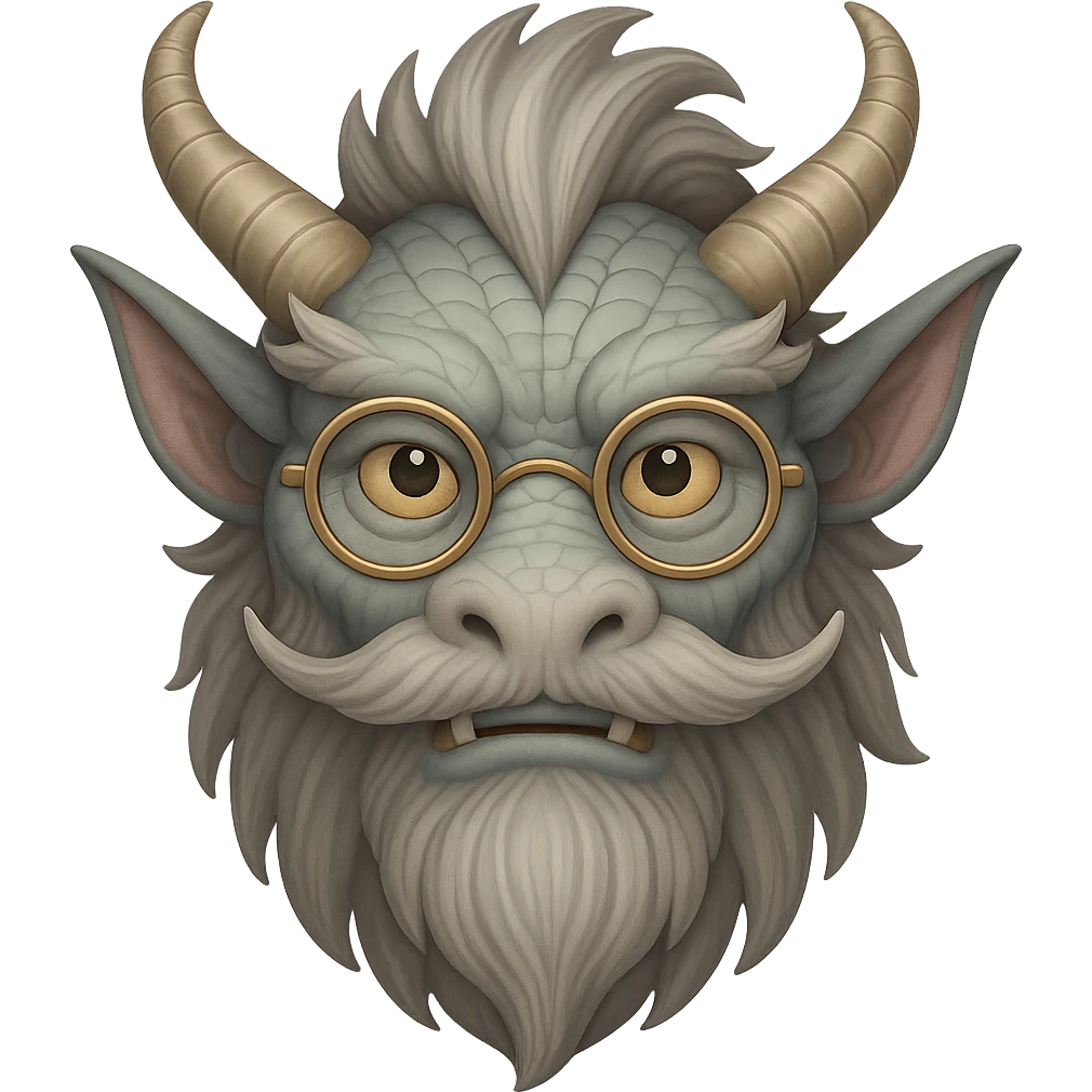 Add small round glasses to the ancient, very old dragon for a wise look in emoji style with no background. emoji