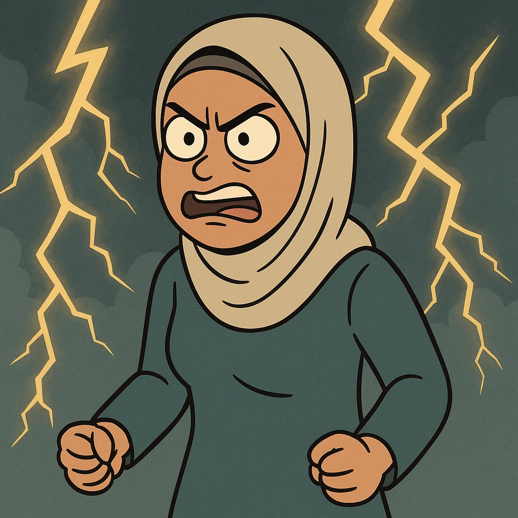 flat toon style hijabi woman, angry with lightning background emoji