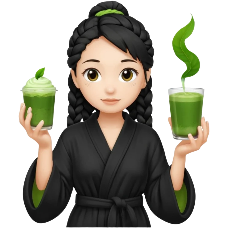 Fair skinned girl, black one braid hair wearing black bathrobe, holding a matcha emoji