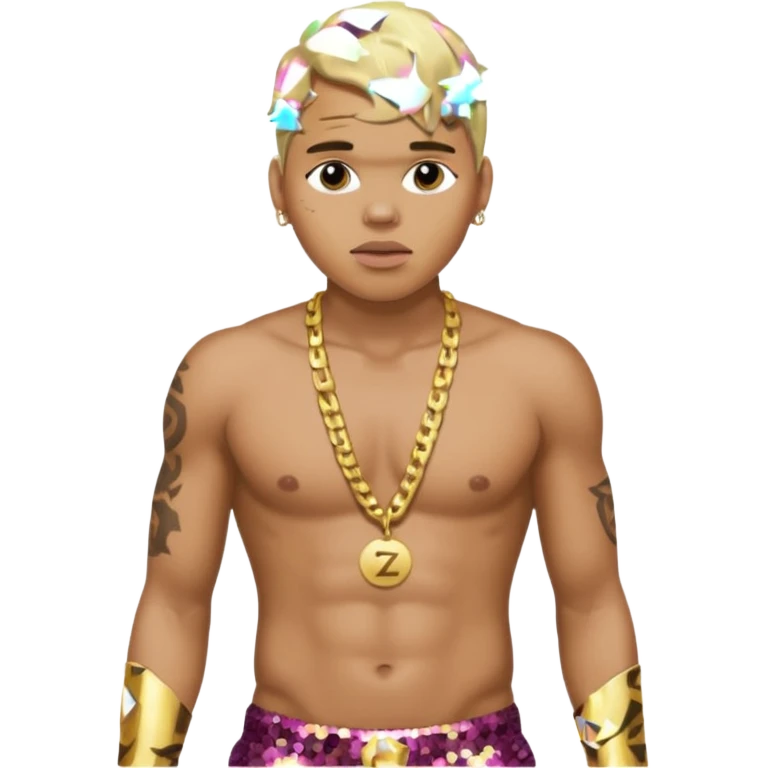 Chris Brown with blonde hair, dark brown sequin baggy pants, shirtless with necklace emoji