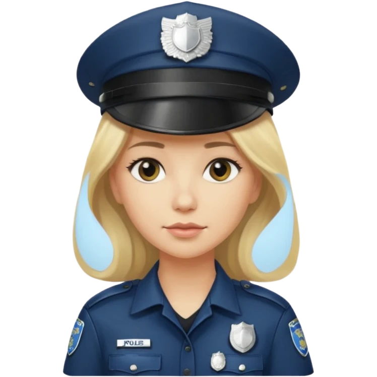A blonde long hair woman wearing a dark police hat with a silver badge, looking straight ahead with a calm expression. emoji